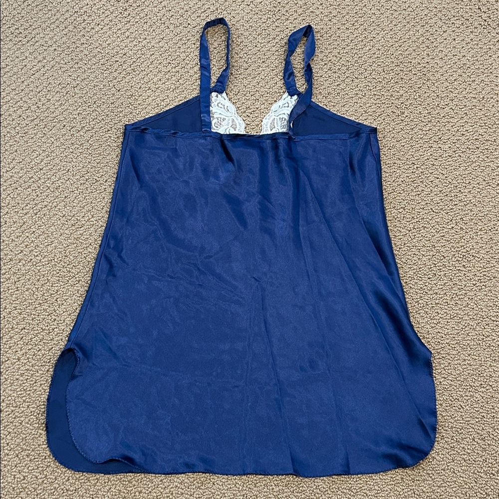 Vintage California Dynasty 2-pc Lingerie & Robe Set Large Navy Blue Lace Satin - Picture 5 of 17